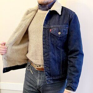 Levis Denim Jacket Sherpa Trucker Jacket Dark Blue indigo Vintage Retro Jeans